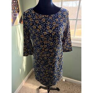 Navy Blue Yellow Floral Print Dress 3/4 Bell Sleeve Knee Length
